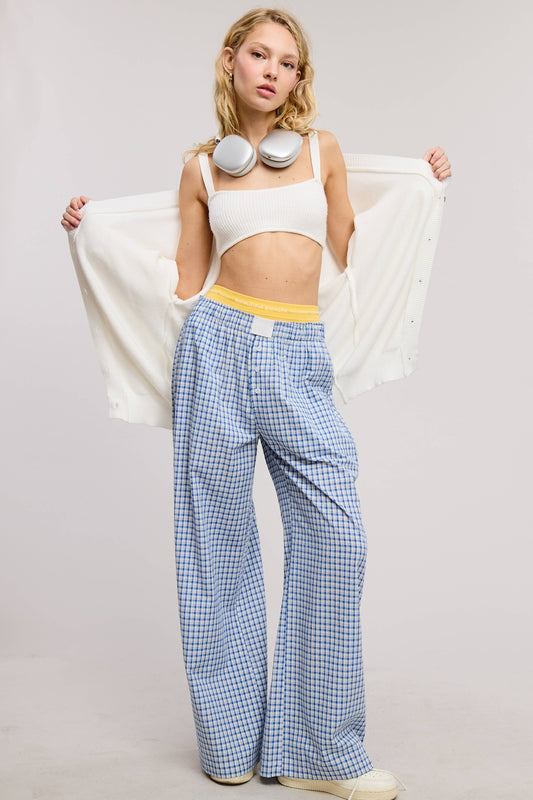 Mid Rise Elasticized Waistband Gingham Pattern Pants