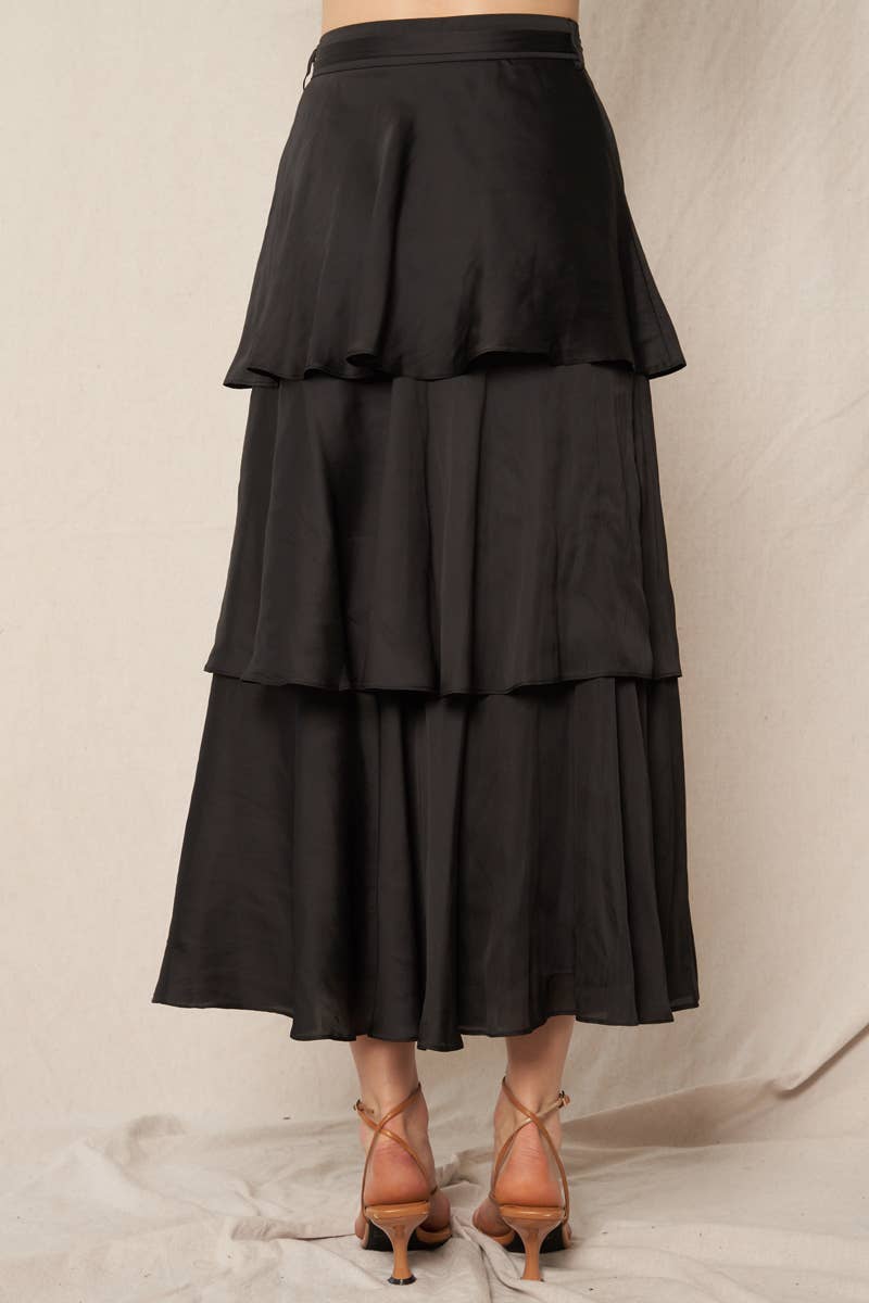 Belted Satin Tiered Midi Skirt - Black