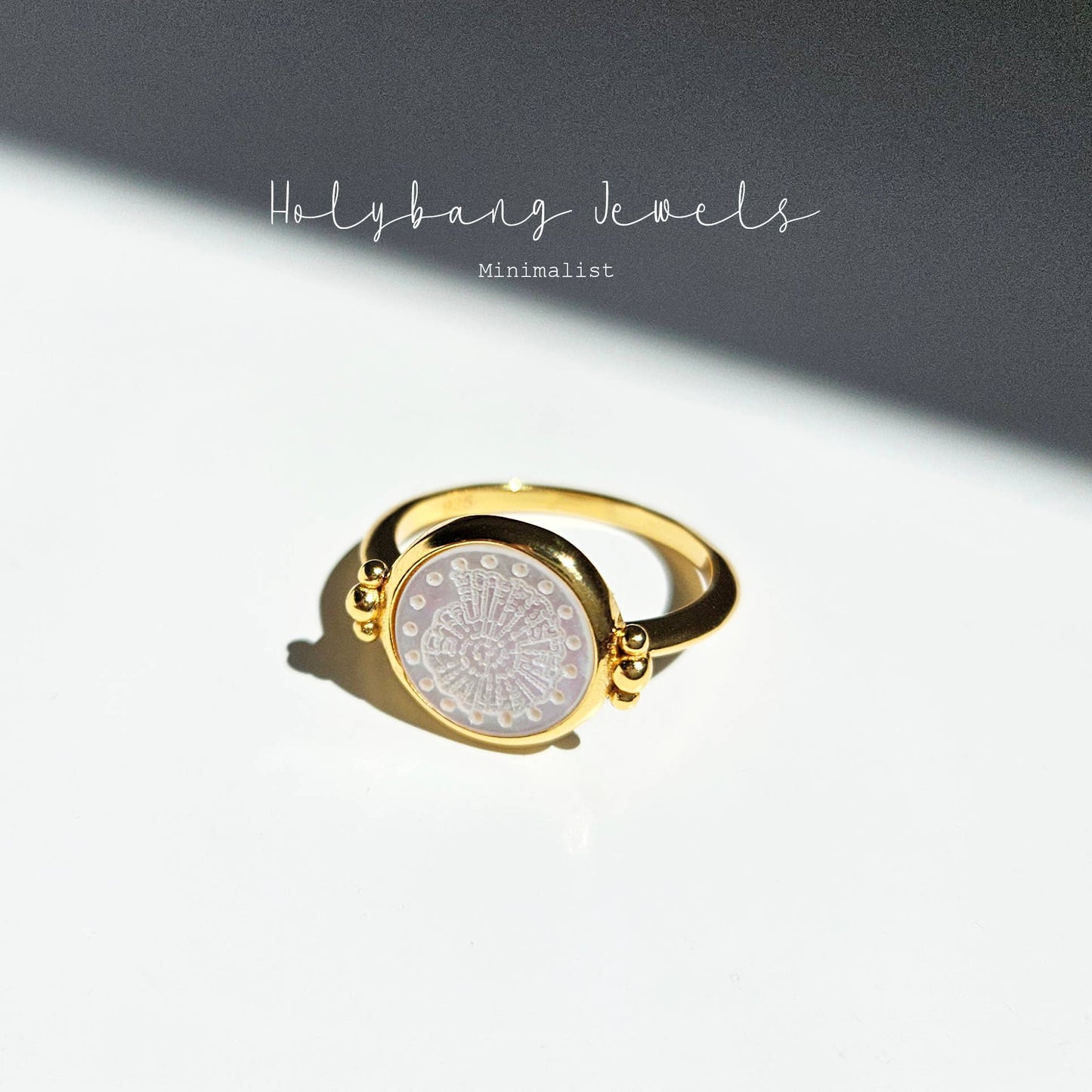 MOTHER OF PEARL FOSSIL SIGNET RING