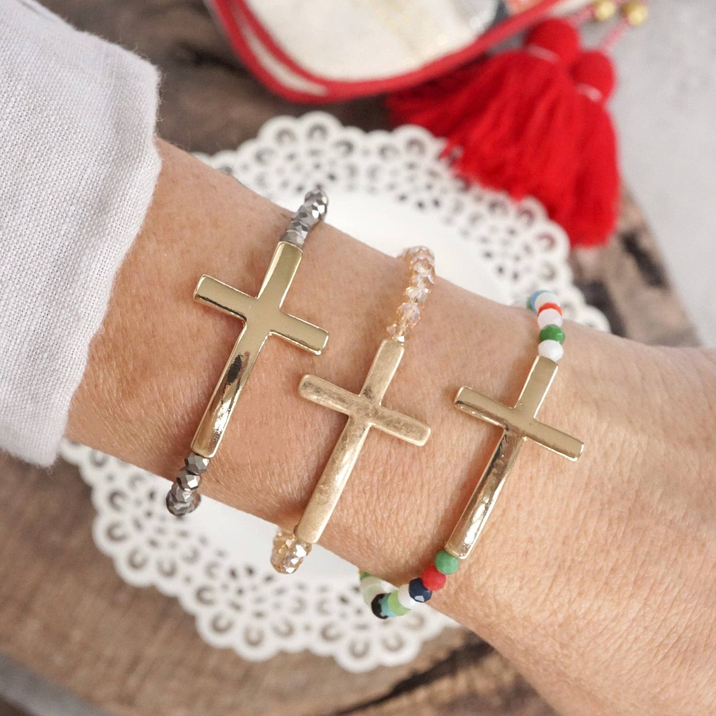 Sideways Cross Bracelet with Glass Beads - Gold Tone