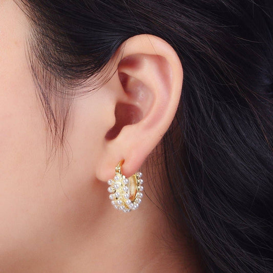 Triple White Round Pearl Lined 21mm Gold Hoop Latch Earrings