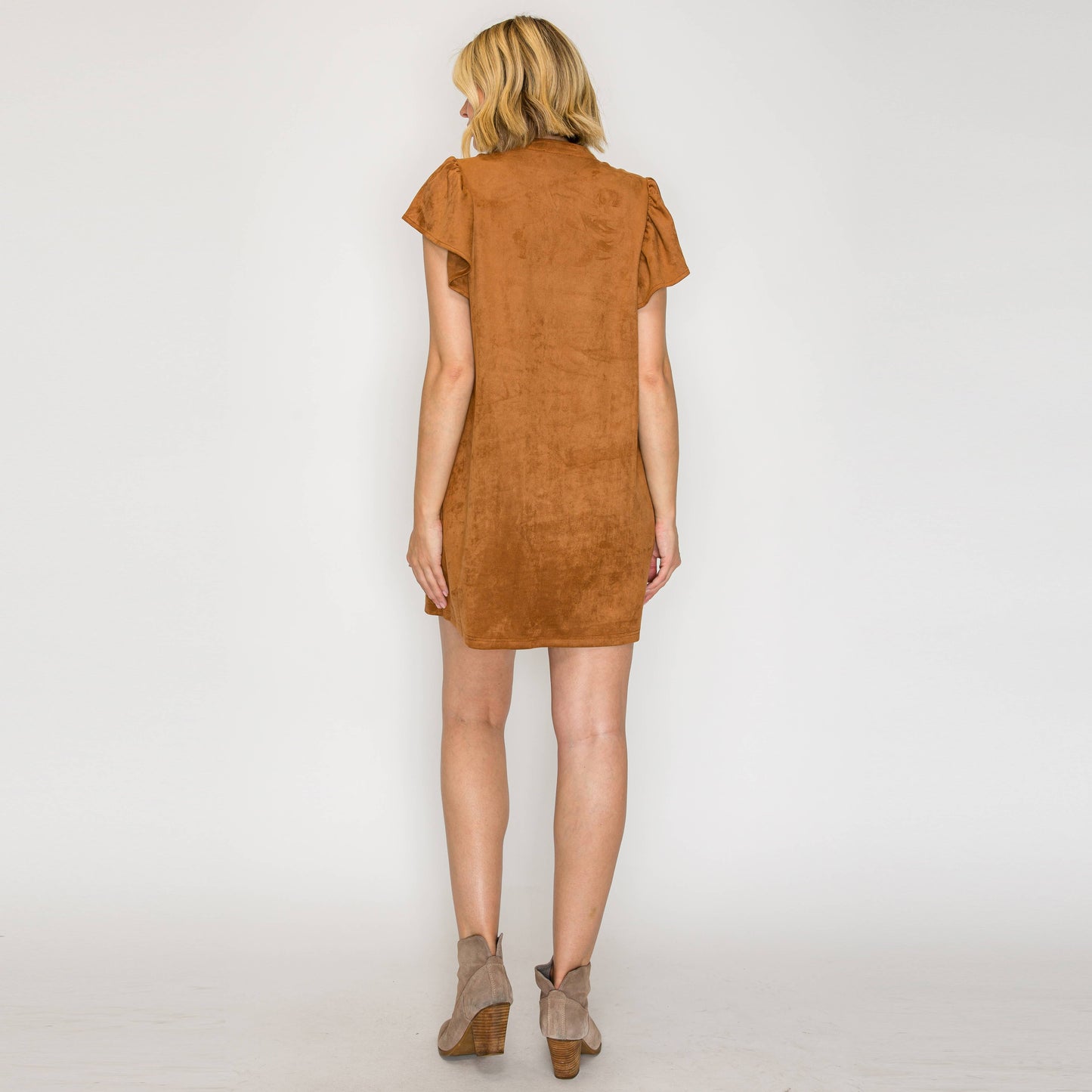 Suede Flutter Sleeve Shift Mini Dress