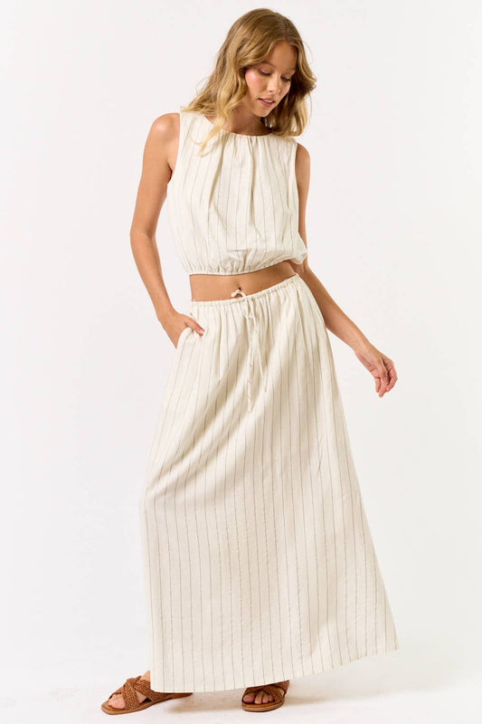ILS5669 Stripe Cropped Bubble Top With Matching Maxi Skirt