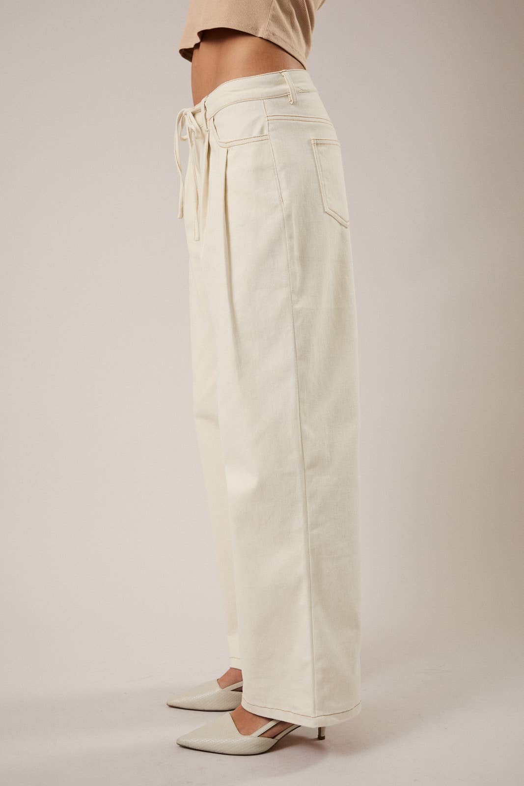 Drawstring Waist Pleated Twill Wide Leg Pants - Cream