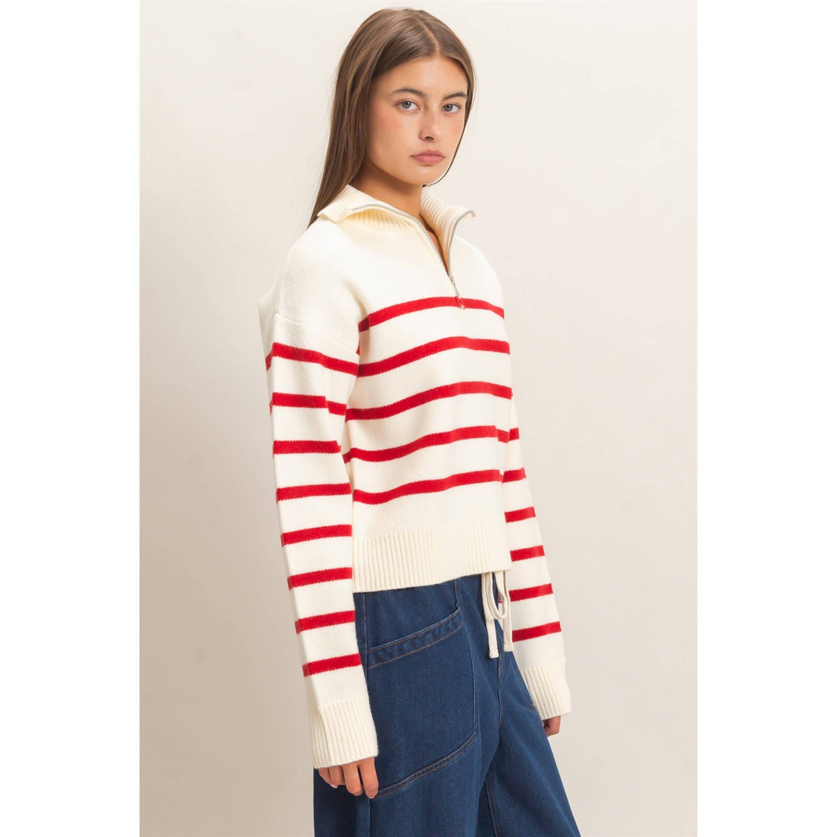 Half-Zip Collared Stripe Sweater