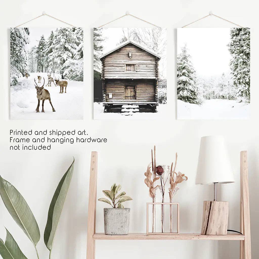 Winter Landscape Wall Art Print. Deer, Log Cabin, Forest