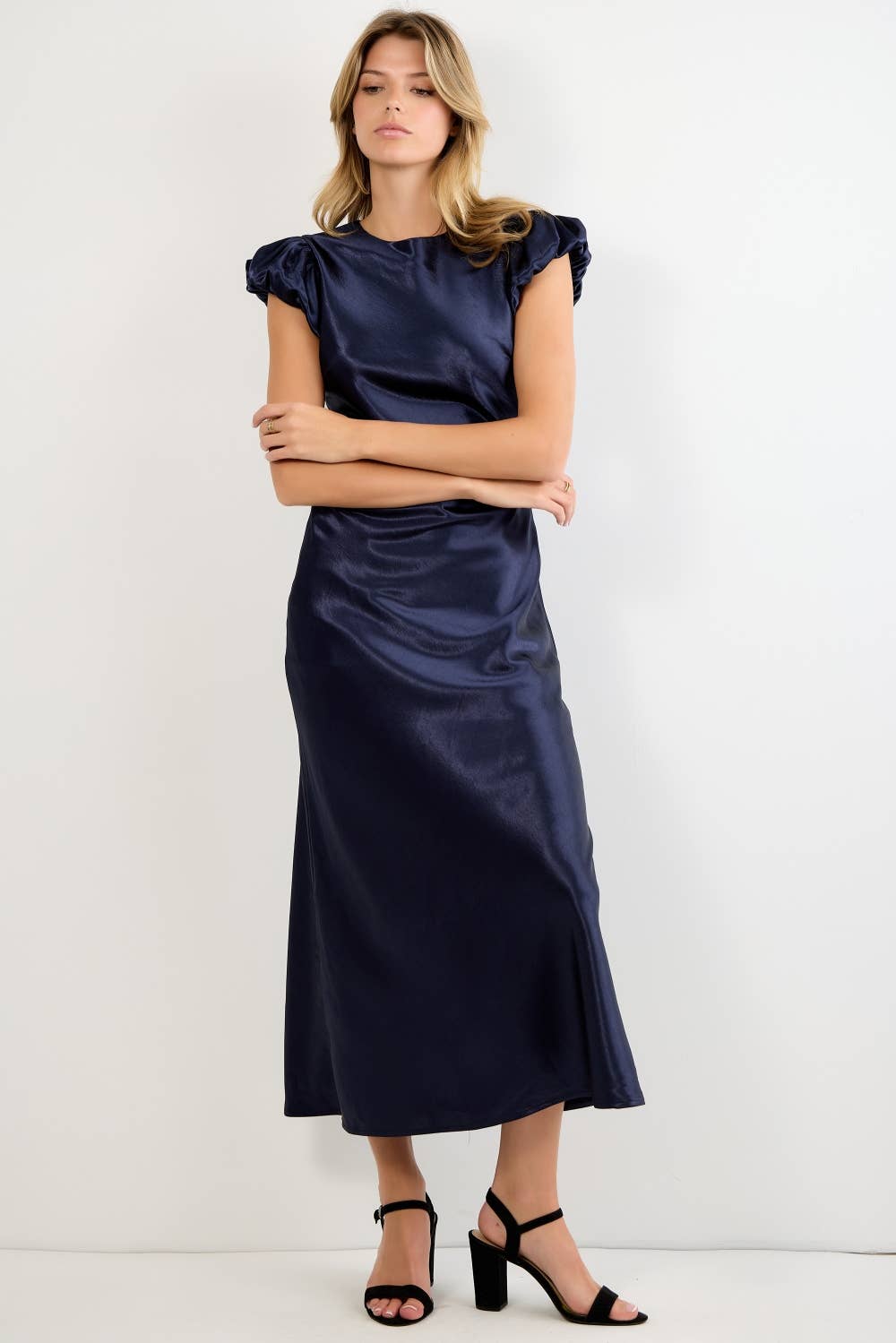 SATIN CAP SLEEVE MIDI DRESS
