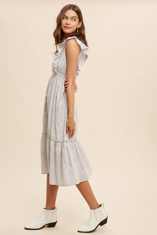 EYELET FLUTTER SLEEVE EMBROIDERED MIDI DRESS