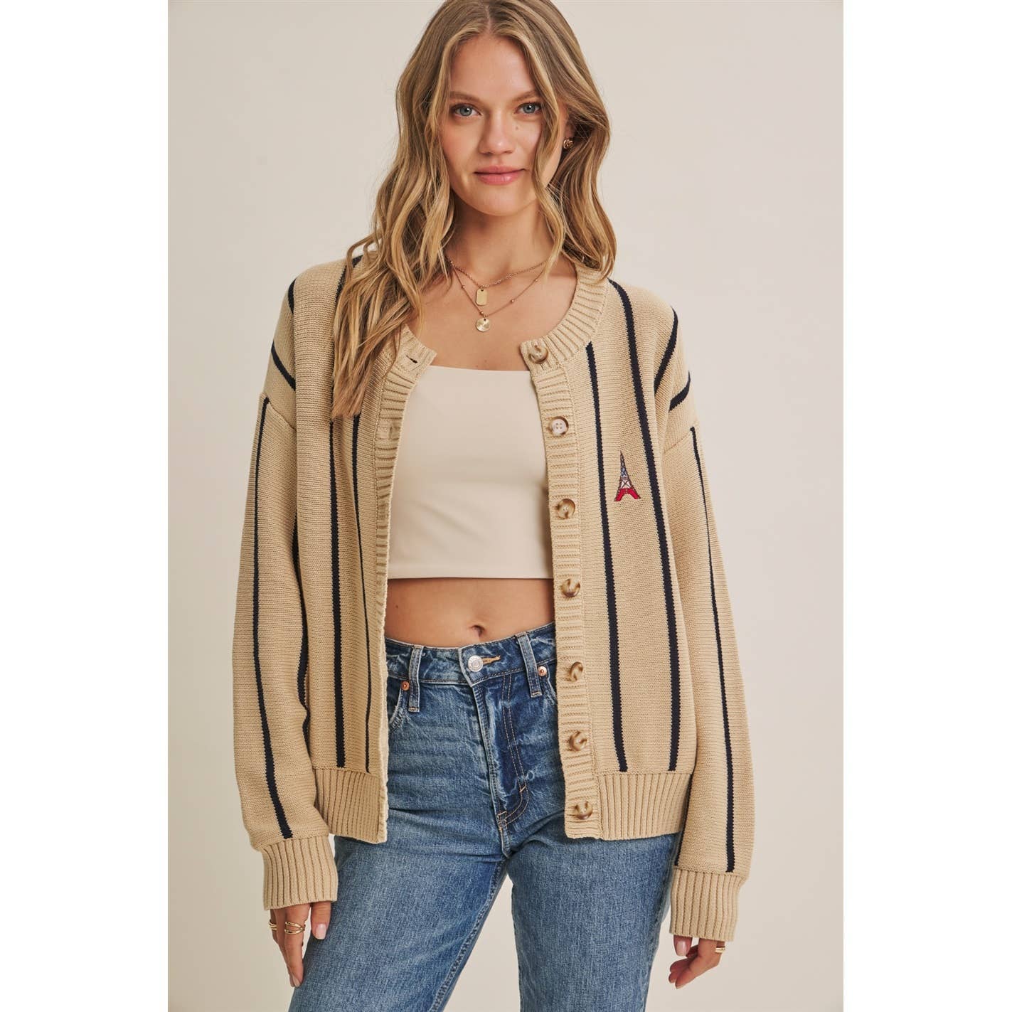 CITY POSTCARD EMBROIDERED STRIPE BUTTON-DOWN CARDIGAN