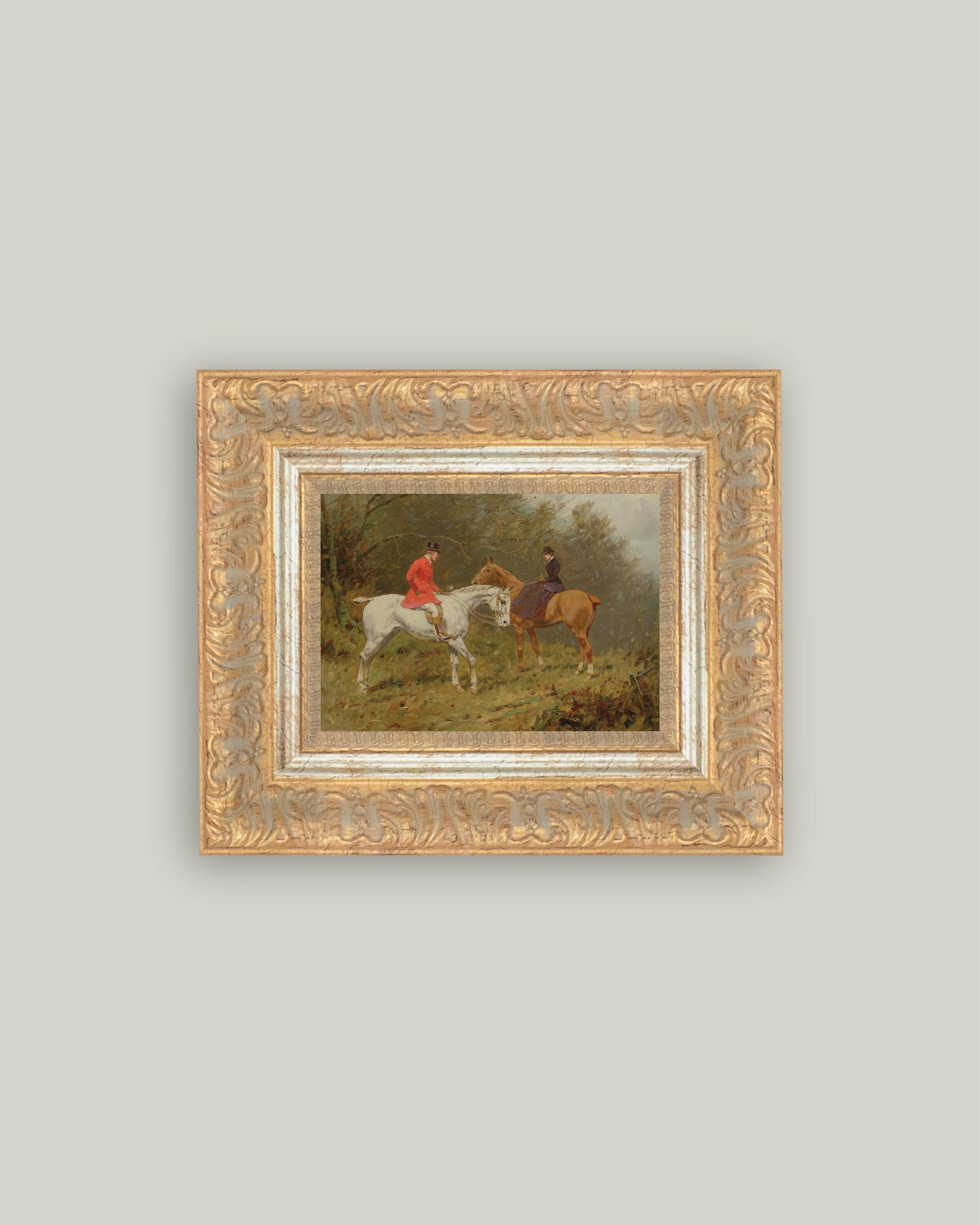 Framed equestrian art print showing riders on white and brown horses
