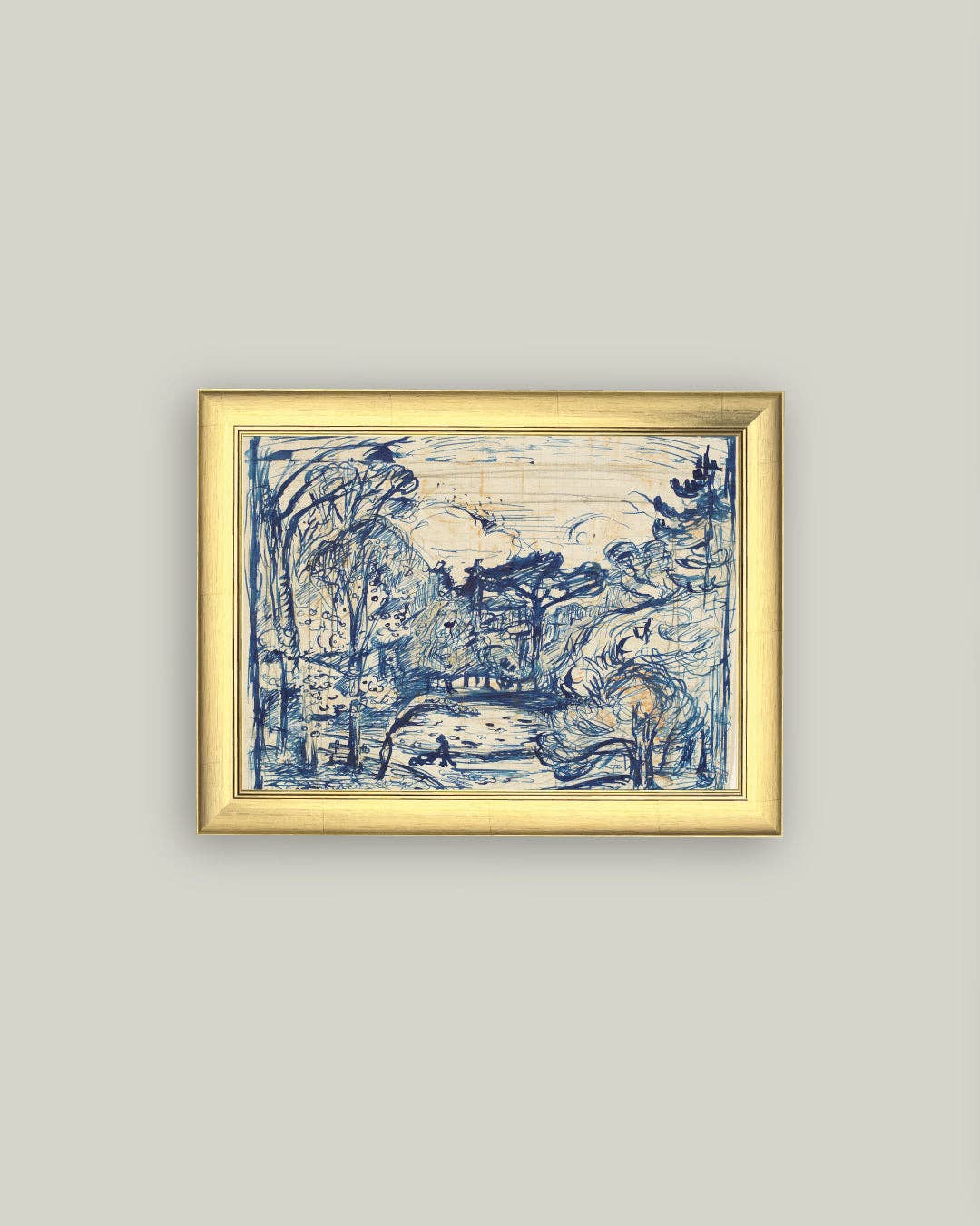 Forest with Woodcutter Framed Antique Art