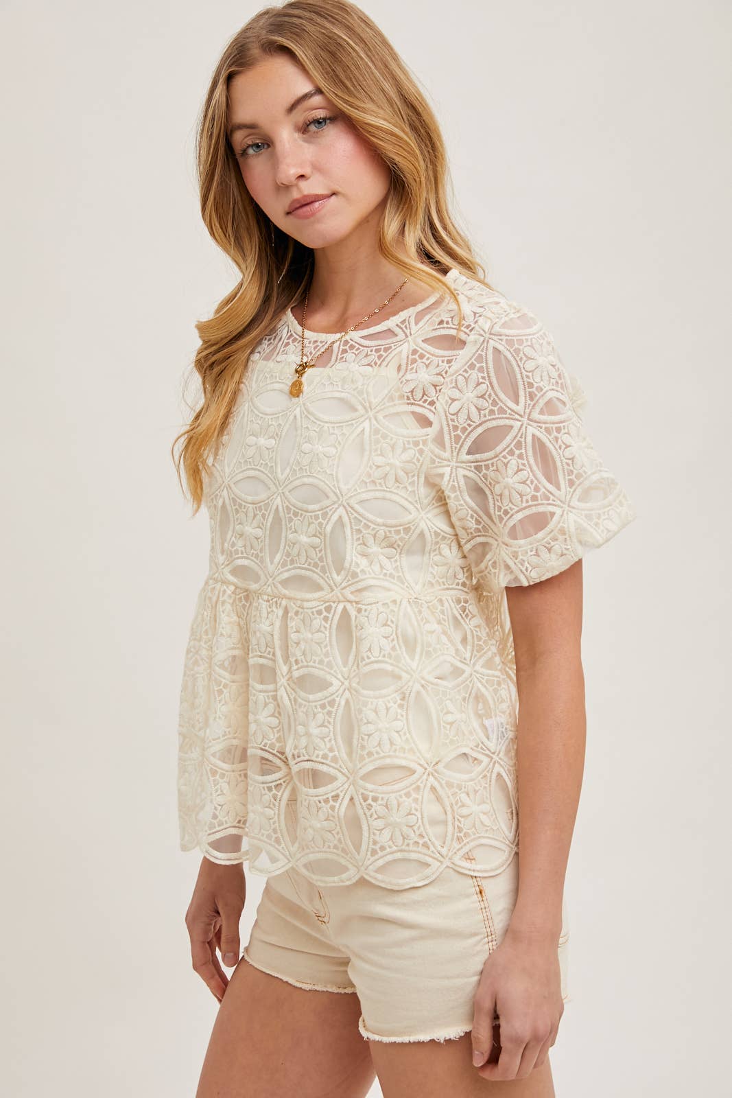 LAST CHANCE - Balloon Sleeve Crochet Babydoll Top