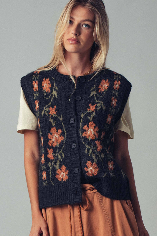 Floral Knit Button-Up Sweater Vest