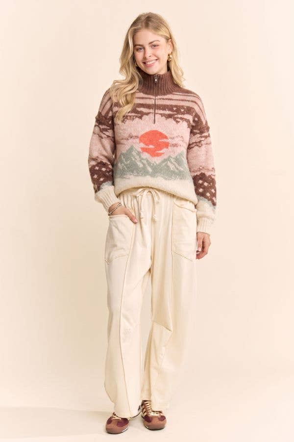 Scenic Mountain Landscape Half-Zip Sweater