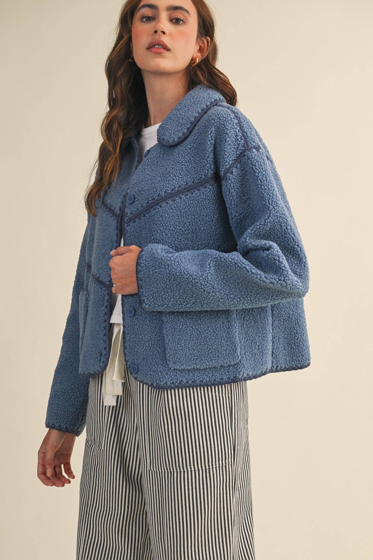 FAUX SHERPA FLEECE JACKET WITH BLANKET STITCH