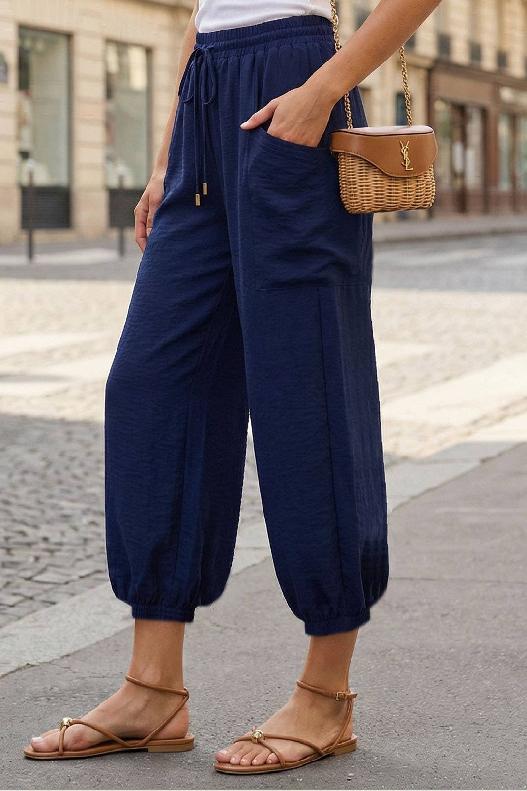 Navy harem pants detail with side pocket and drawstring waist
