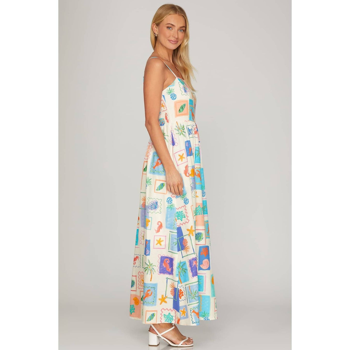 LAST CHANCE - Coastal Tile Print Cami Maxi Dress with Pockets