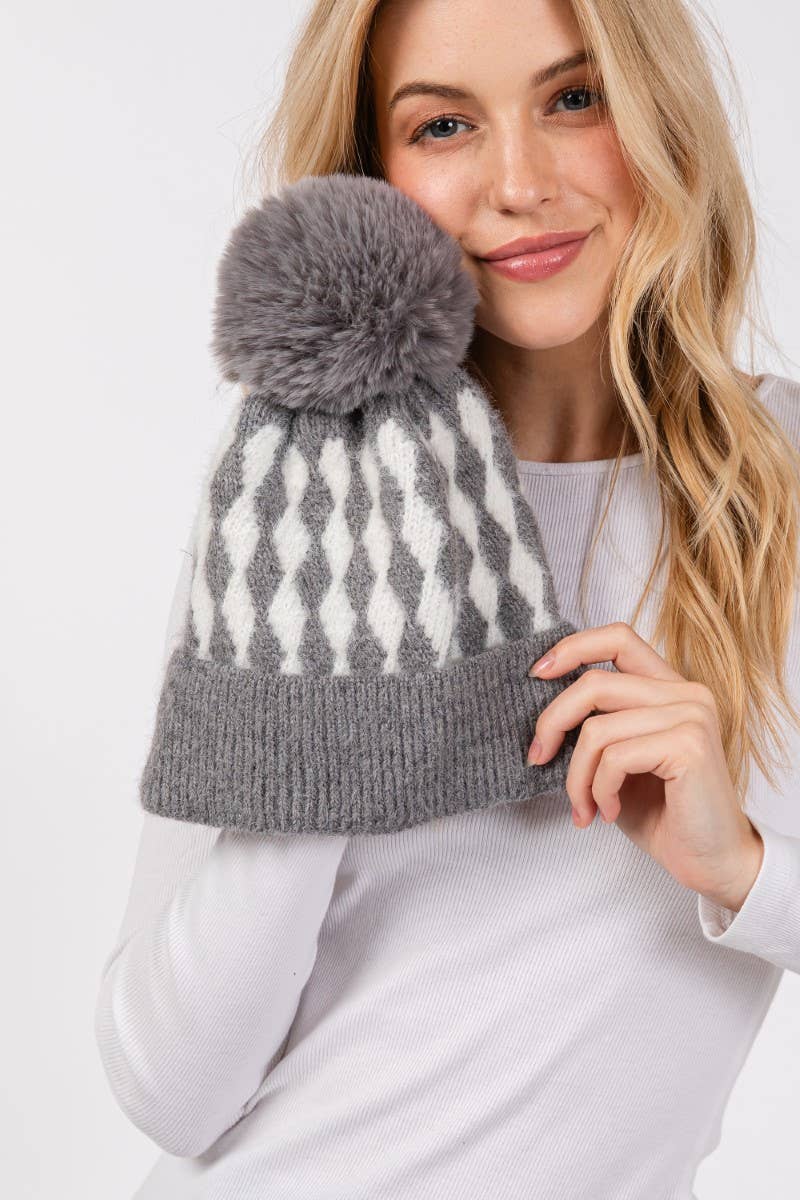 Abstract Diamond Stripe Knit Pom Pom Beanie
