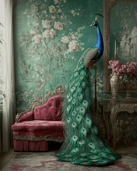 Peacock Morning - 8"x10" Artwork in 11″x14″ Brushed Silver Antique Frame