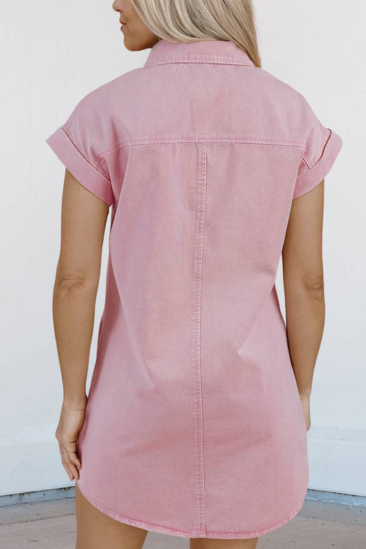 Chest Pocket Short Sleeve Denim Shirt Dress | S-XL