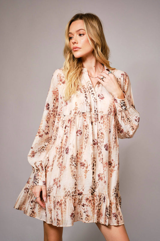 36898D - Floral Leopard Print Tiered Mini Dress