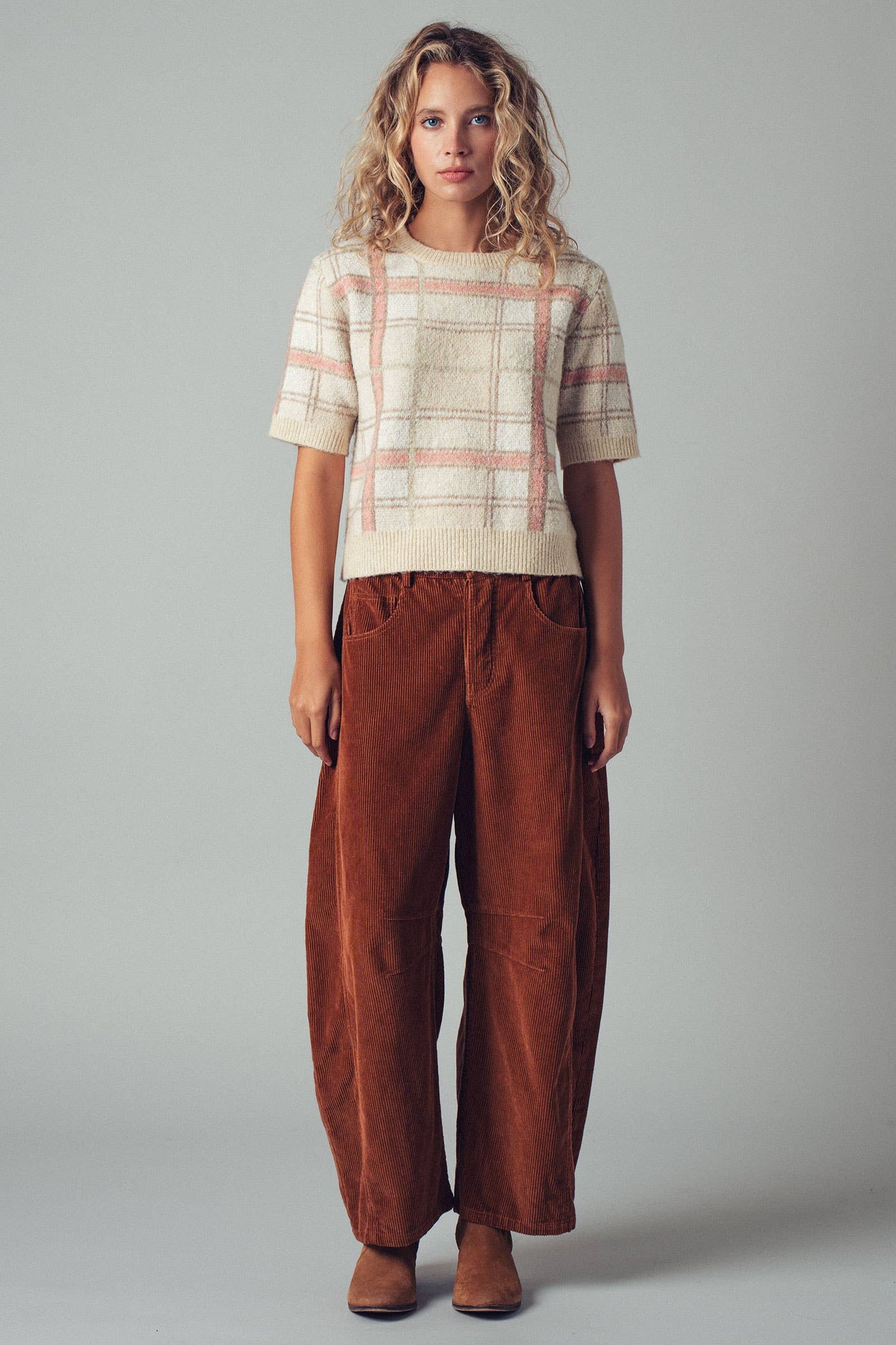 LAST CHANCE - Plaid Short Sleeve Knit Sweater Top