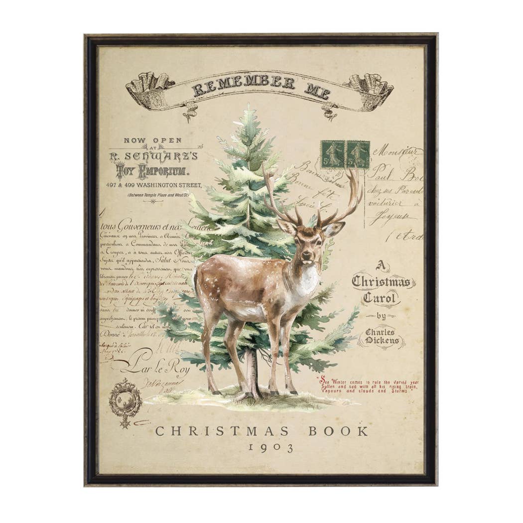 Vintage painting of deer and tree on distressed bookplate B
