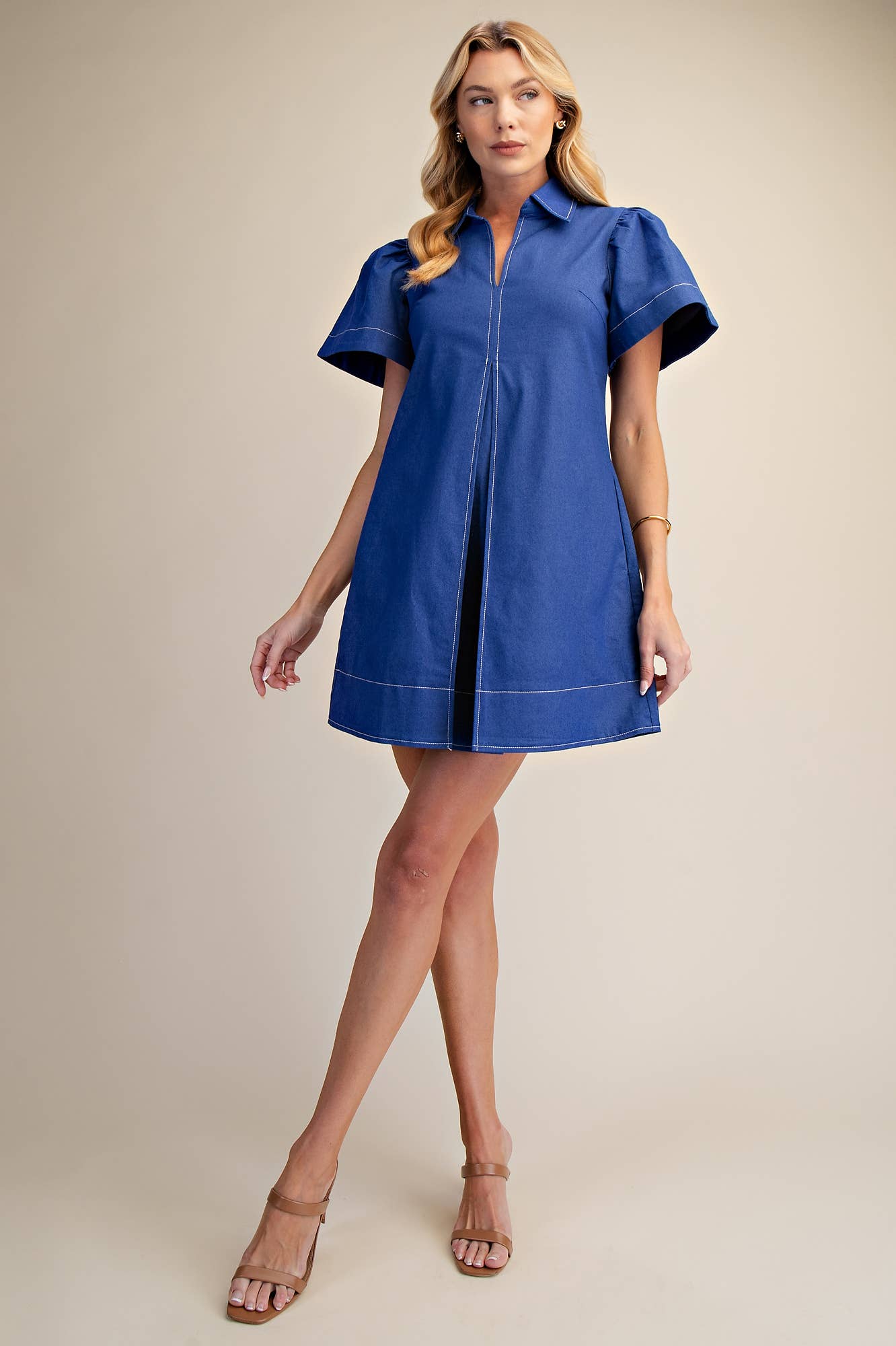 LAST CHANCE - Collared V-Neck Pleated Mini Dress