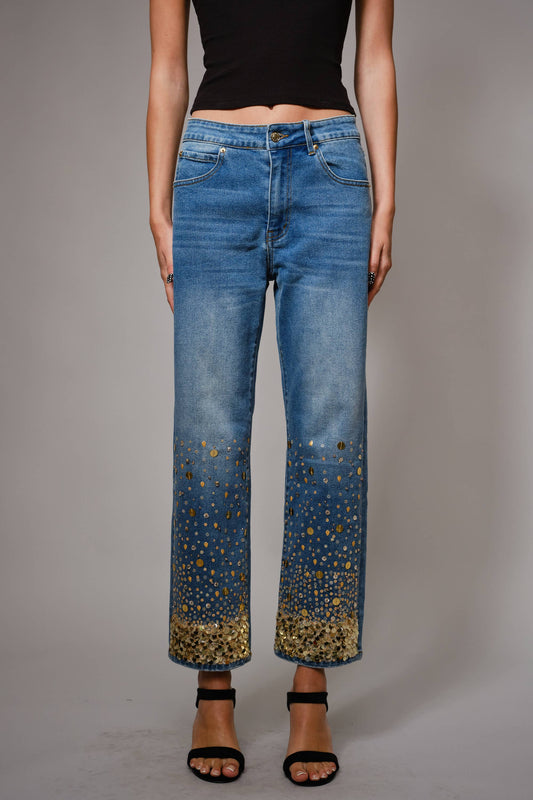 91499P - Gold Sequin Straight Leg Jeans