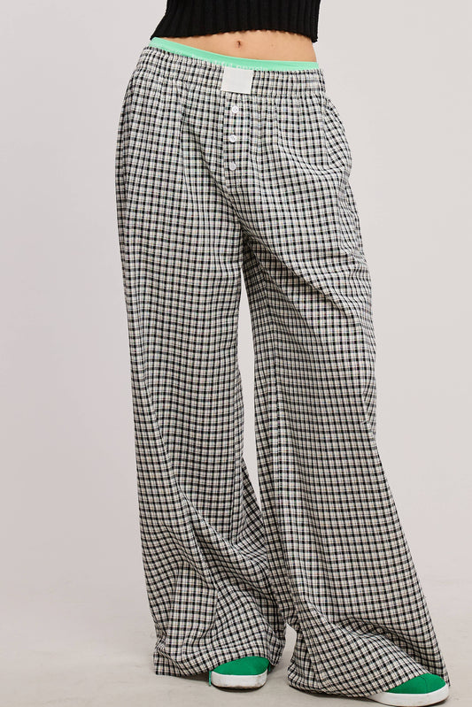 Mid Rise Elasticized Waistband Gingham Pattern Pants