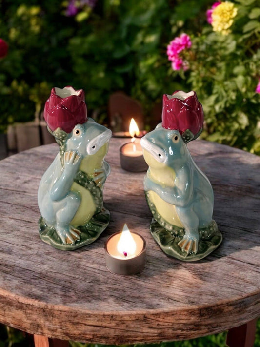 Lily Pad Frog Candlestick Pair