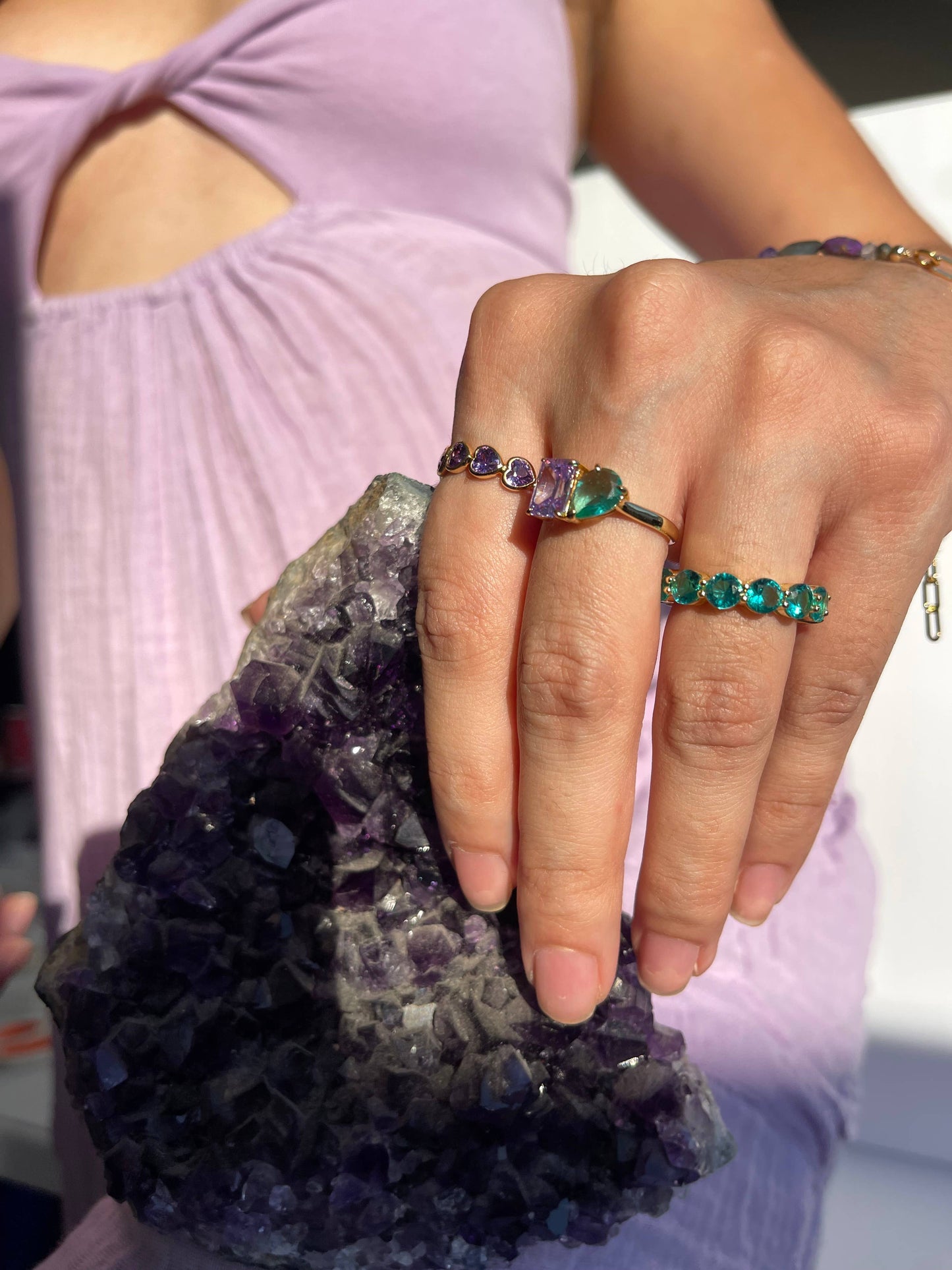 Perfect Pair Ring - Amethyst and Paraiba CZ, 14K Gold Vermeil