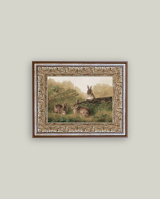 Rabbits on a Log Framed Antique Art
