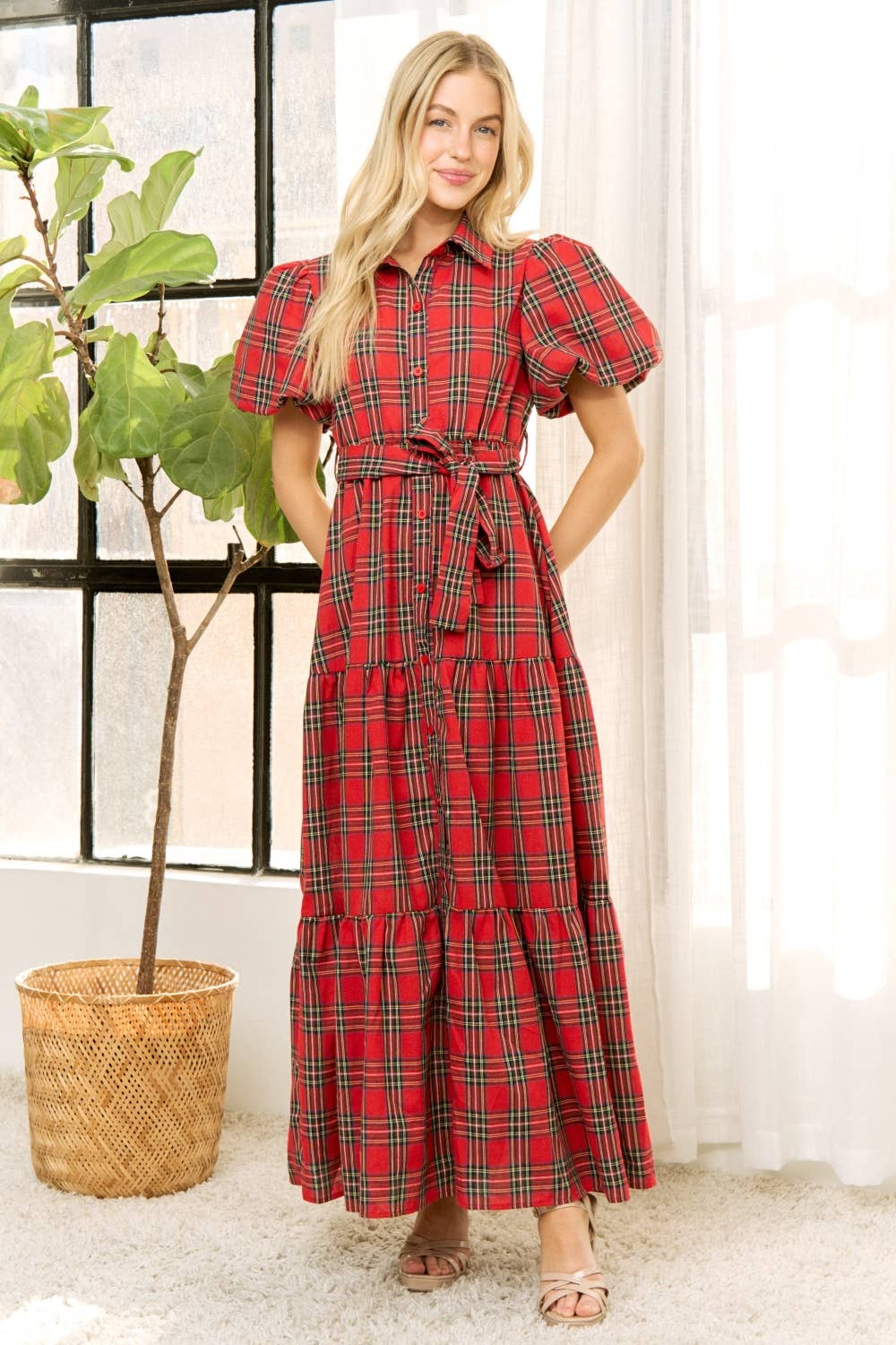 HOLIDAY PLAID SHIRT TIERED MAXI DRESS
