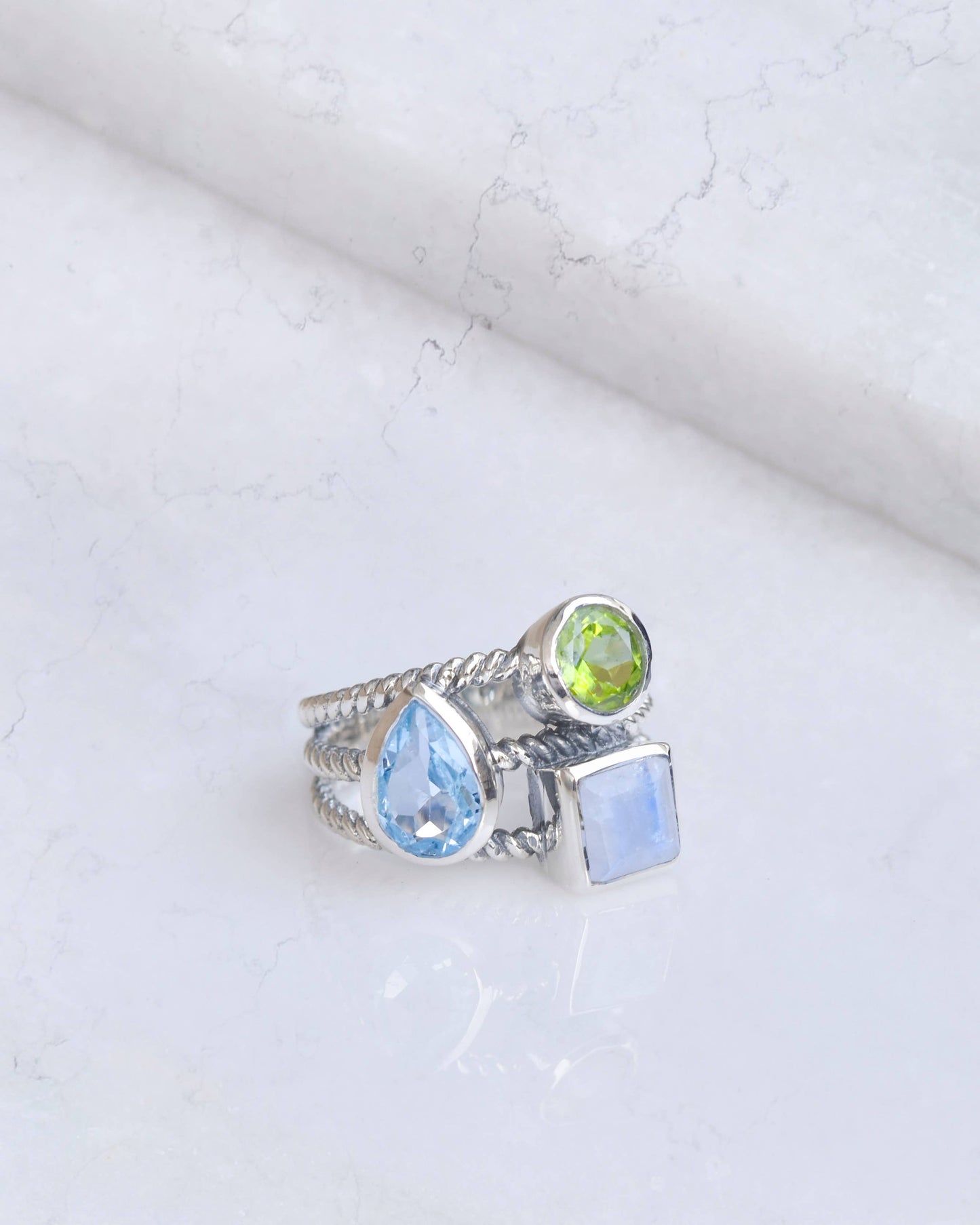 Blue Topaz Moonstone Rope Ring