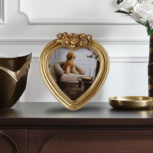 Photo Frame - Gold Polyresin Heart with Roses, 5x5 in.