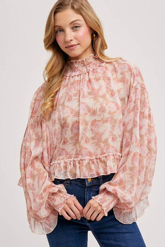 FLORAL PRINT RUFFLED MOCK NECK CHIFFON TOP