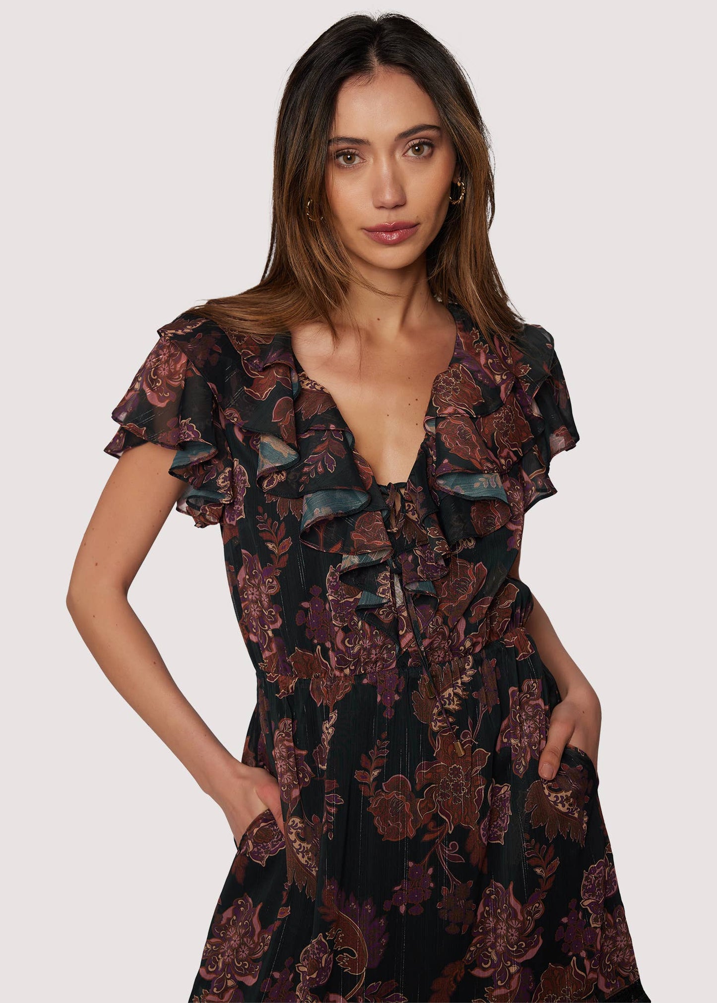 Whispers of Bohemia Midi Dress - Fall Floral V-Neck Ruffle