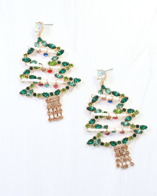 Jeweled Christmas Tree Earring Green