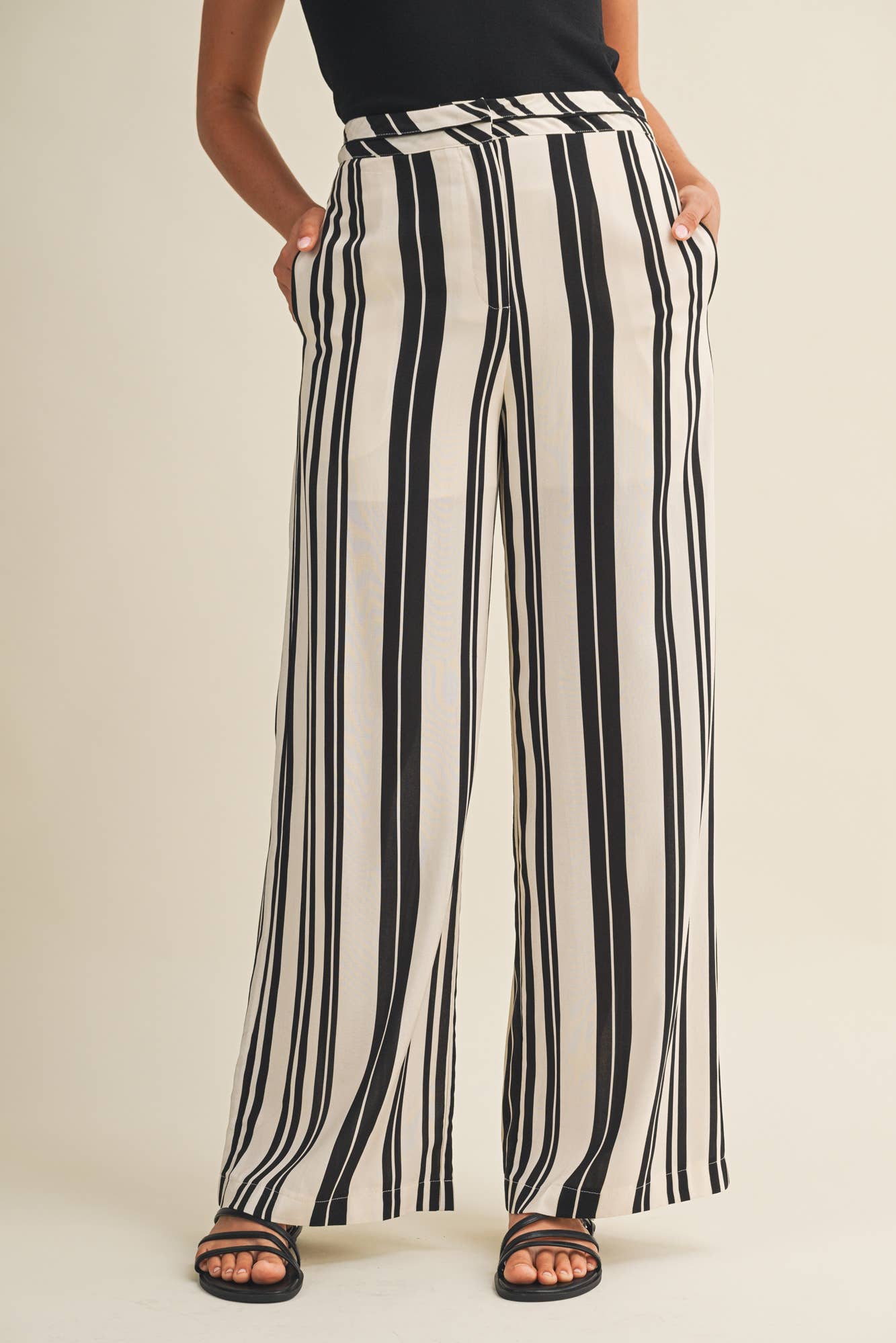 Striped High Waist Wide Leg Pants - Black & White