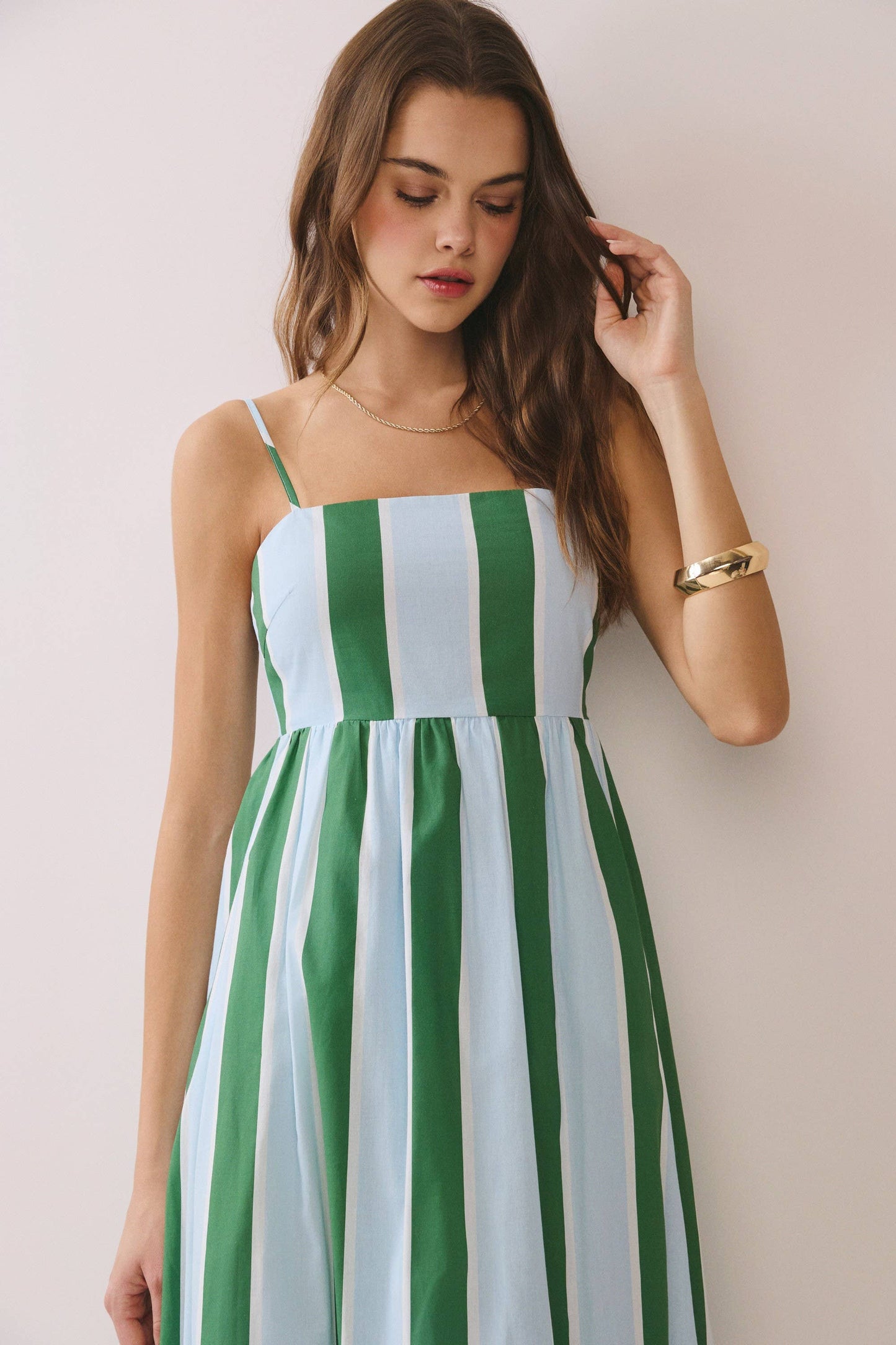 Green Stripe Smocked Maxi Dress with Pockets