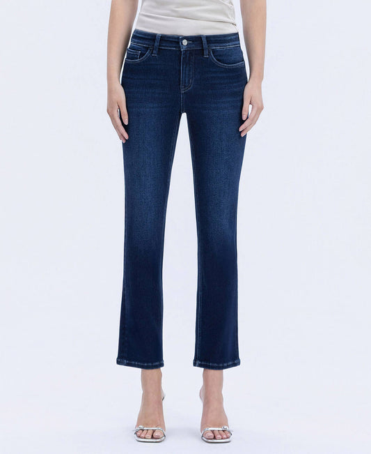 MID RISE DARK WASH ANKLE SLIM STRAIGHT JEANS