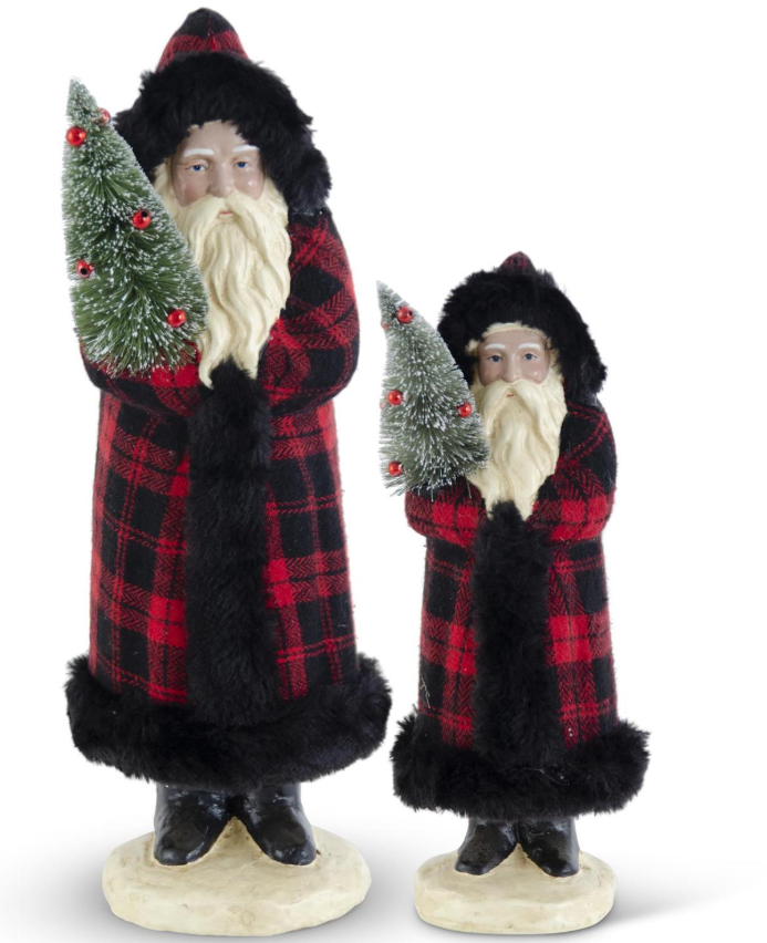 Red & Black Plaid Santas w/Black Fur Trim Holding Tree - set of 2