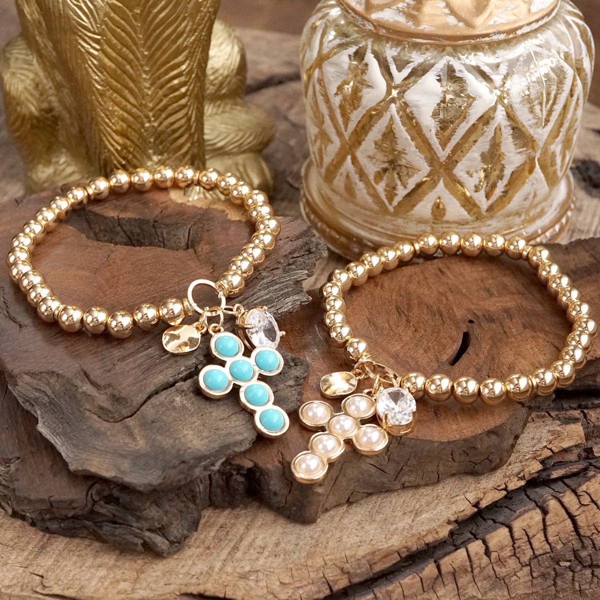 Golden Keepsakes Charm Cluster Stretch Bracelet with Beads and Stones