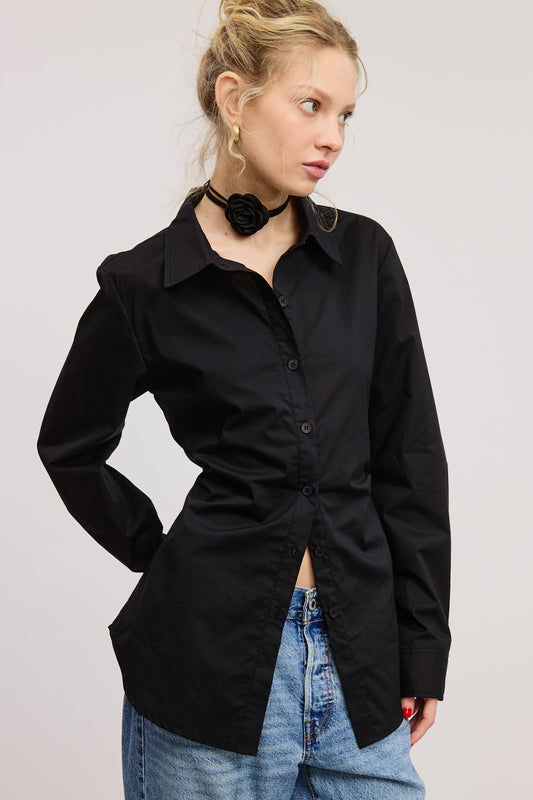Fitted Collared Shirt Blouse with Back Self-Tie