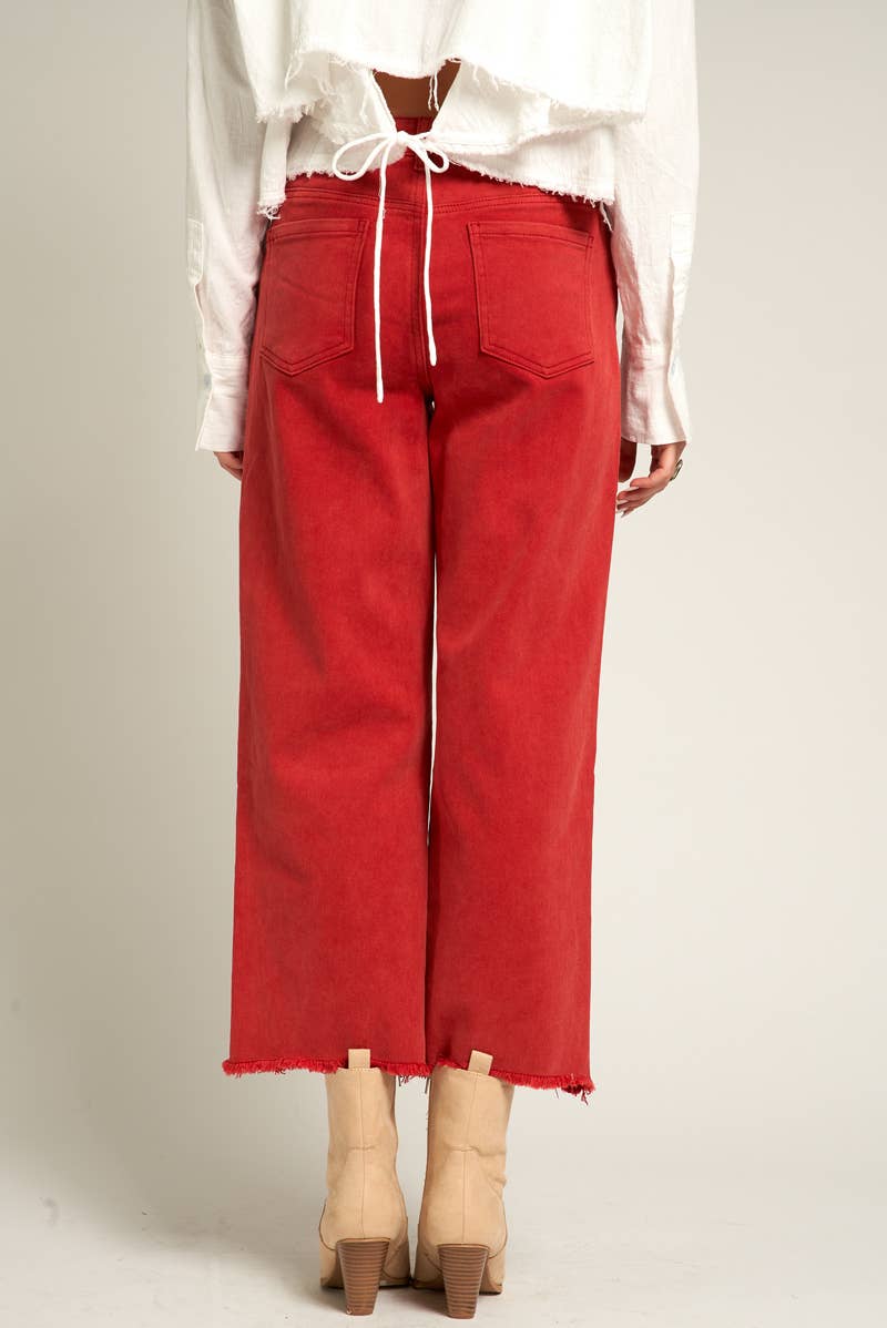 Red Cropped Frayed Hem Jeans