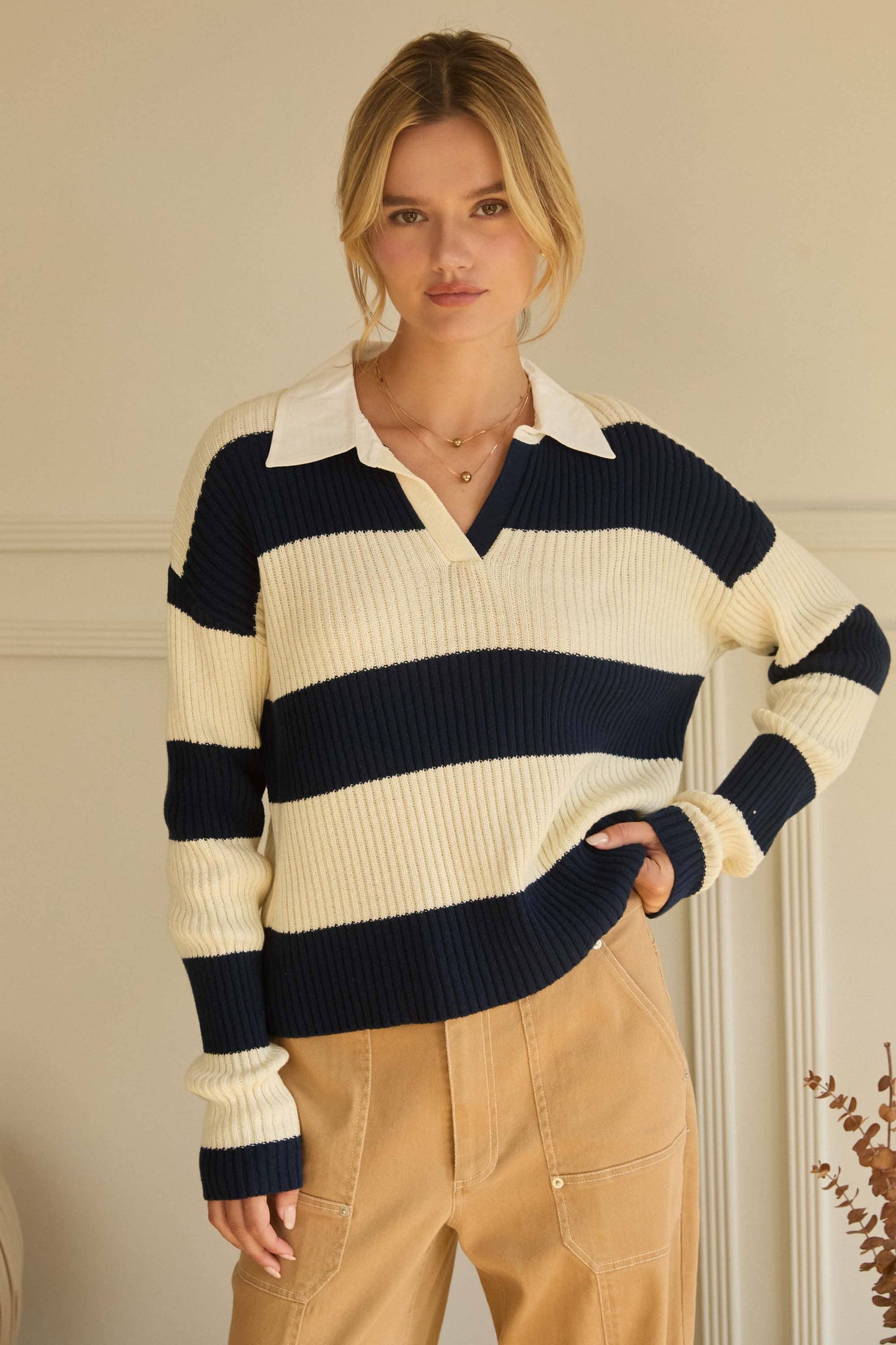 Striped Ribbed Knit Polo Shirt