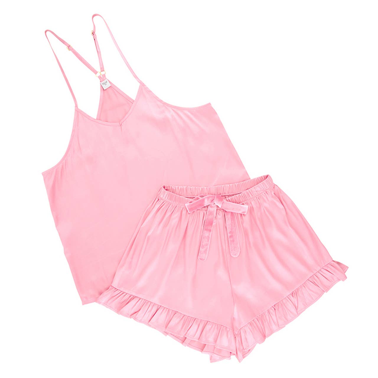Pink Satin Cami Pajama Set with Ruffle Shorts