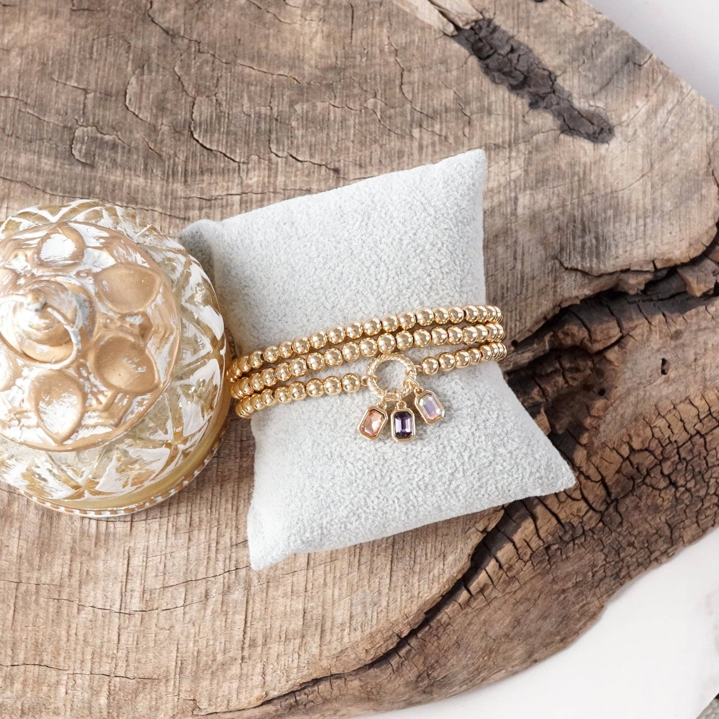 Golden Bead Stretch Bracelet Stack with Baguette Crystals - Set of 3
