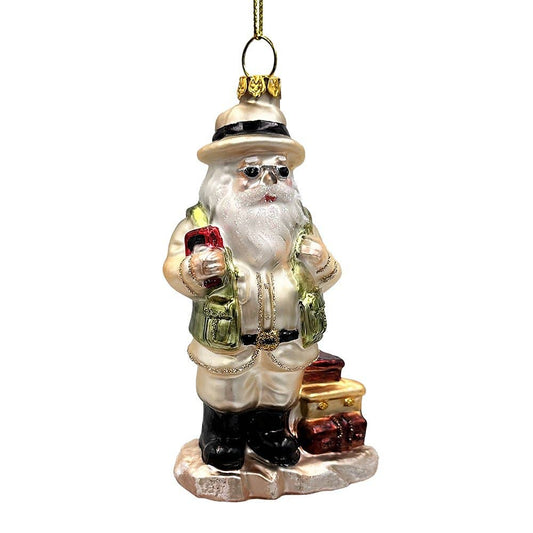 Adventurous Safari Santa Handblown Glass Ornament